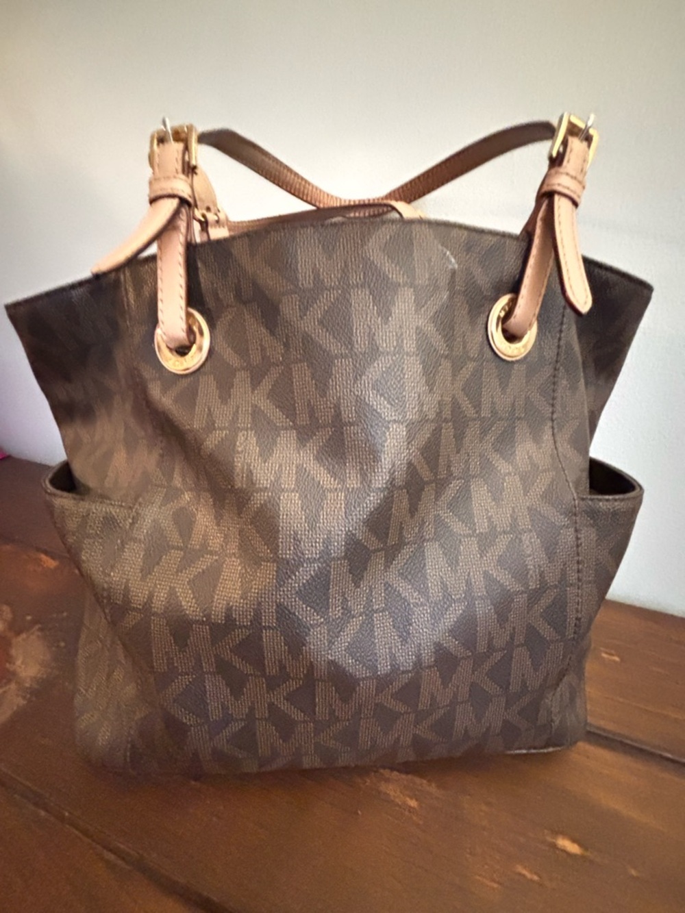 Michael Kors Vintage Brown MK Logo Signature Tote with Tan Straps Quiet Luxury - Picture 8 of 10